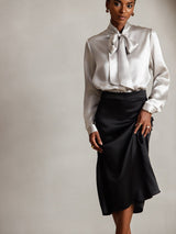 [Light Gray] SilkSilky-UK 19Momme Stretch Silk Charmeuse Long Sleeve Tie Neck Blouse 001