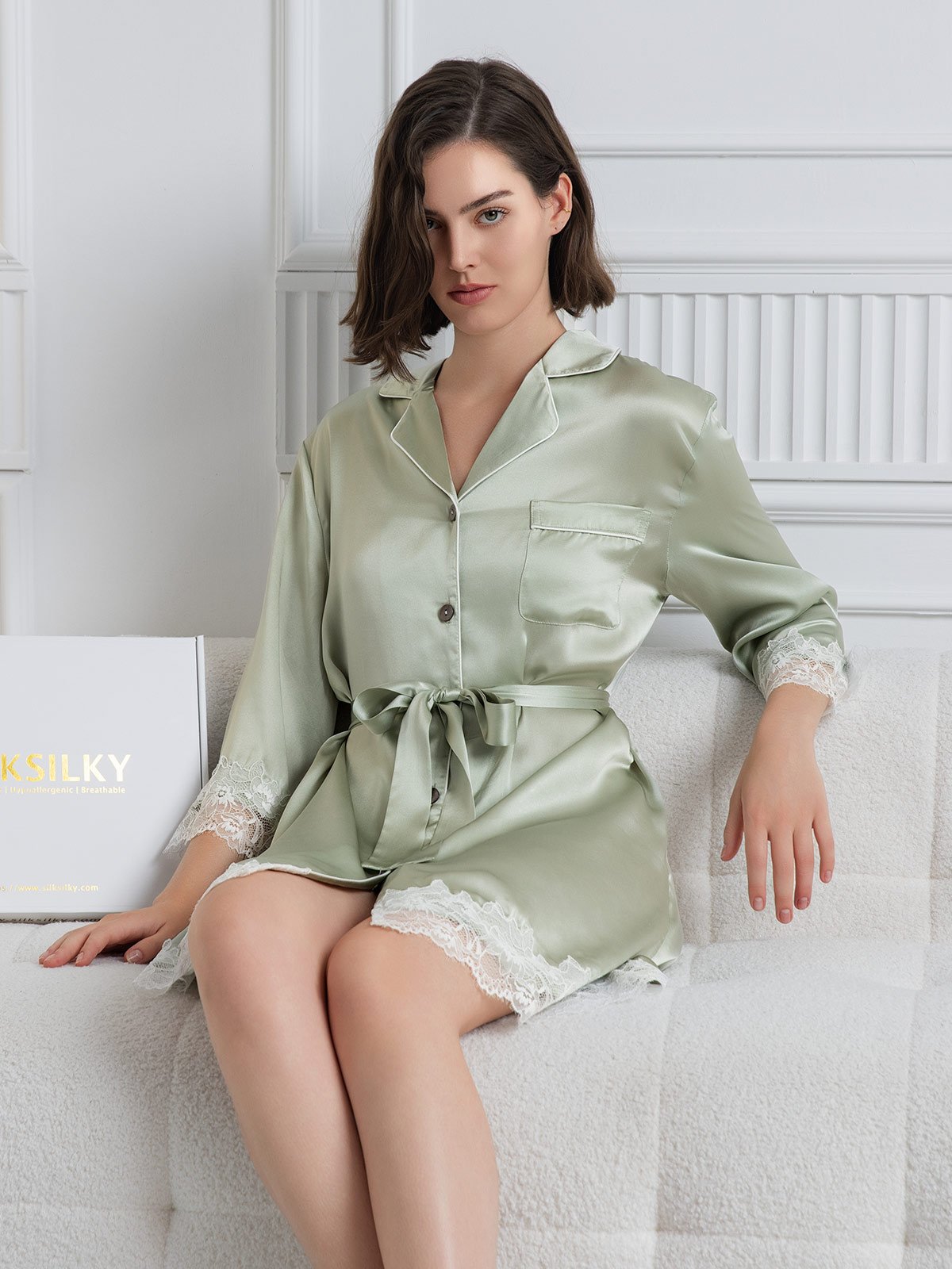 [Light Green] SilkSilky-UK Pure Silk 3/4 Sleeve Lapel Nightshirt 003