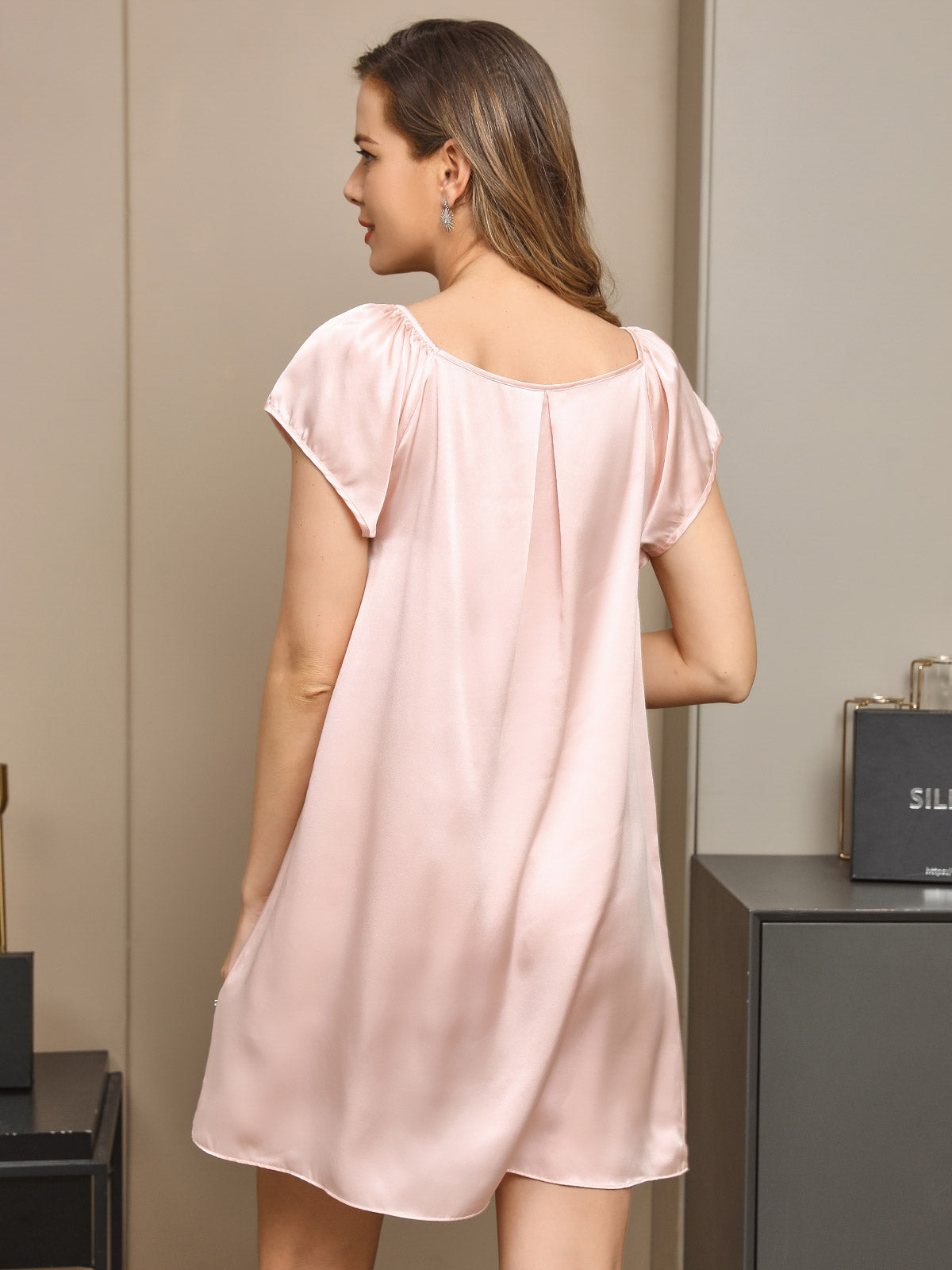[Light Pink] SilkSilky-UK Pure Silk Cap Sleeve Tie Neck Nightdress 002