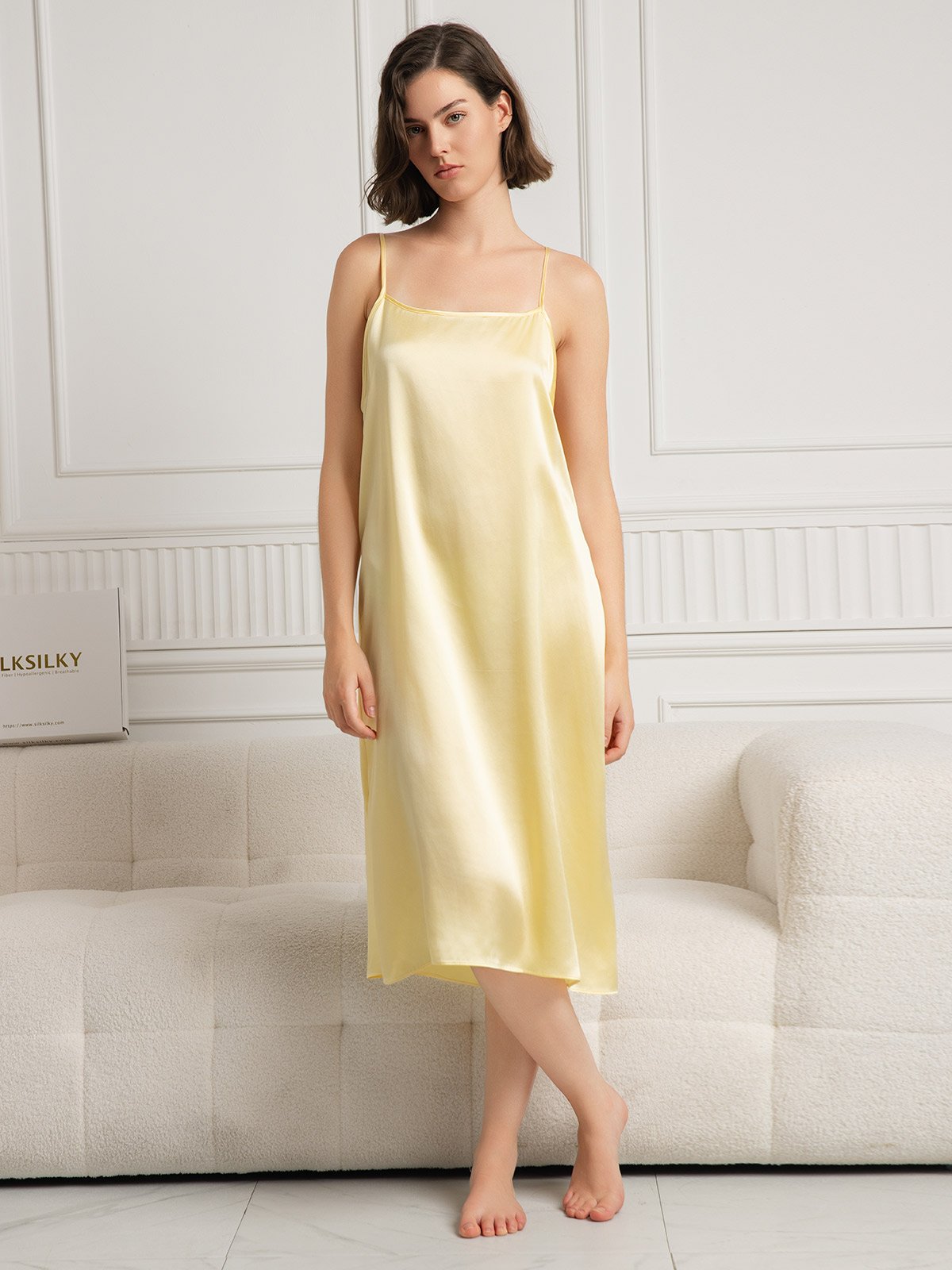 [Light Yellow] SilkSilky-UK 19Momme Silk Sleeveless Dress 001