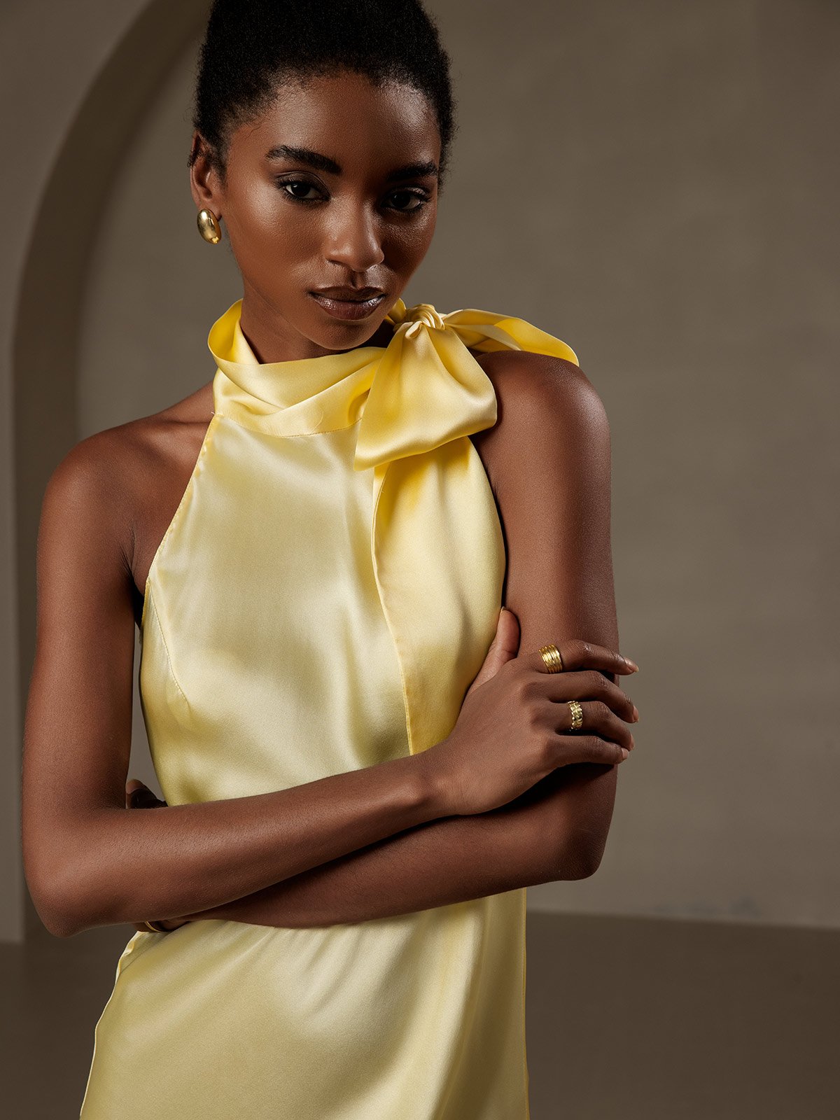 [Light Yellow] SilkSilky-UK 19Momme Silk Sleeveless Tie Neck Dress 003