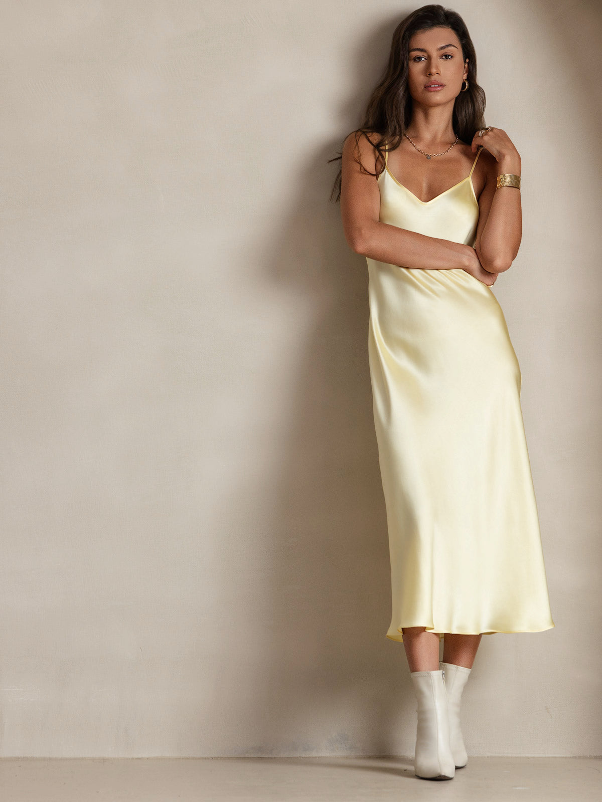[Light Yellow] SilkSilky-UK Pure Silk Sleeveless Round Neck Dress 005