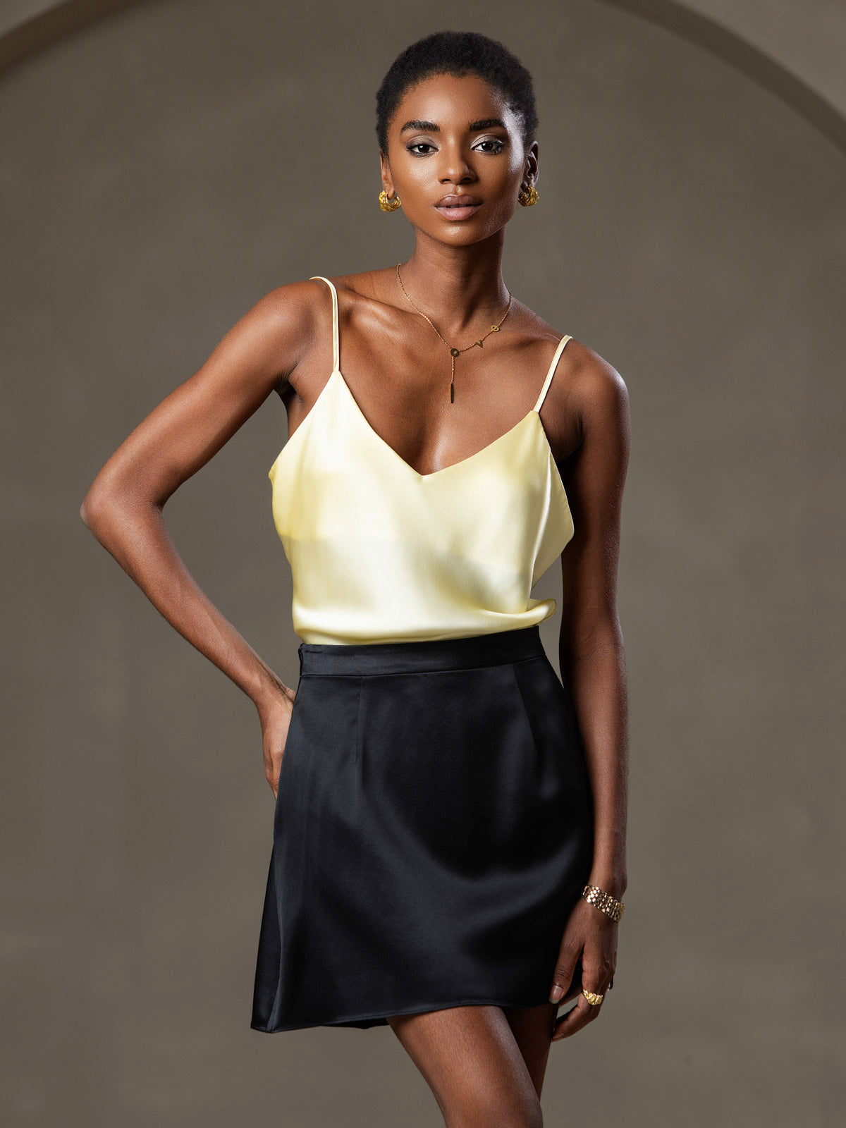 [Light Yellow] SilkSilky-UK Pure Silk V Neck Camisole 001