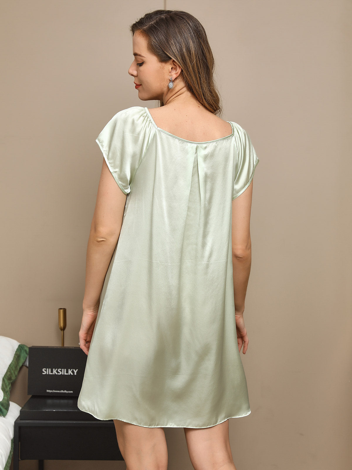 [Mint Green] SilkSilky-UK Pure Silk Cap Sleeve Tie Neck Nightdress 002
