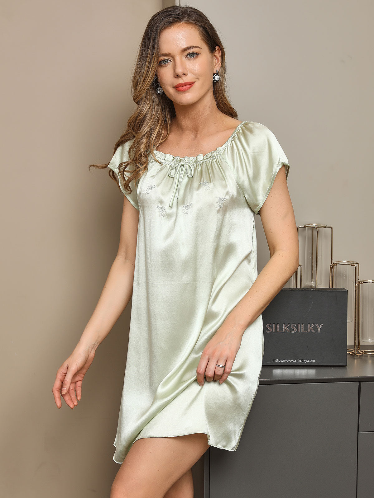 [Mint Green] SilkSilky-UK Pure Silk Cap Sleeve Tie Neck Nightdress 004