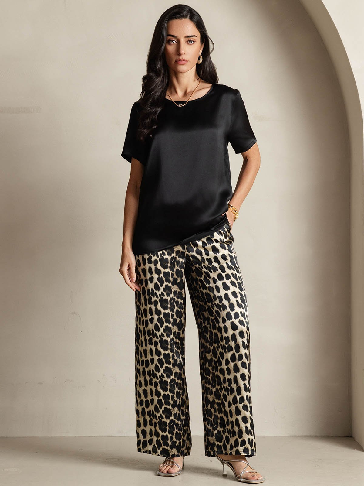 [Multi] SilkSilky-UK Pure Silk Short Sleeve Round Neck Women's Pyjamas 001