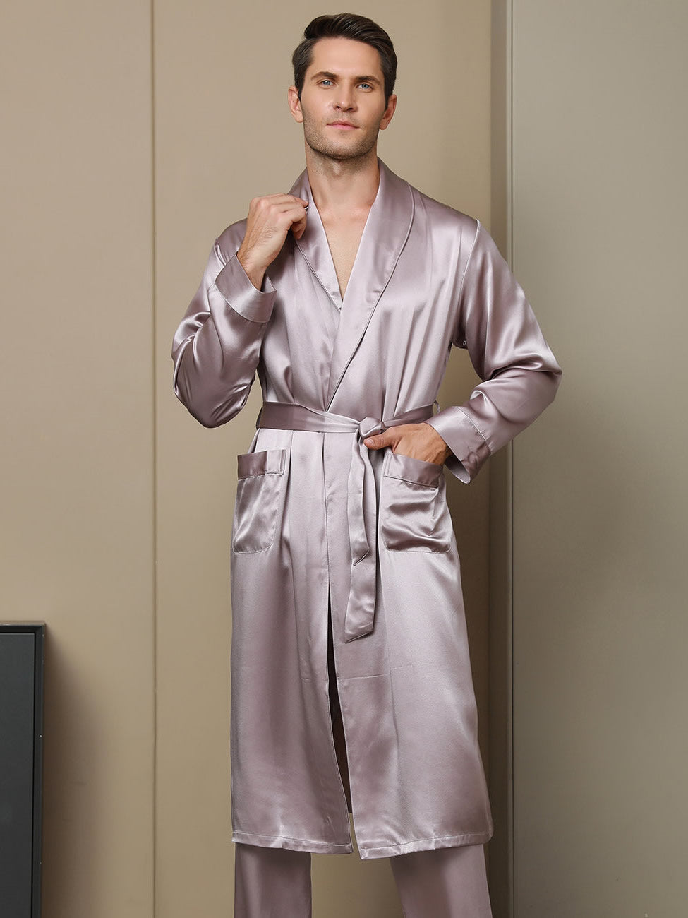 [Pale Mauve] SilkSilky-UK 19Momme Pure Silk Long Sleeve Lapel Men's Dressing Gown 001