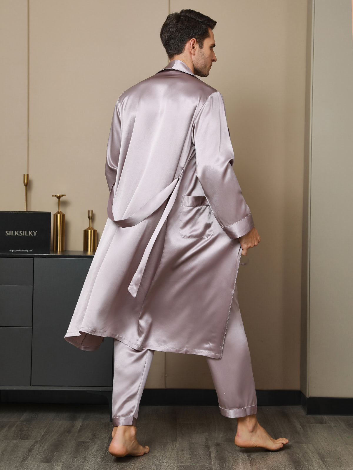 [Pale Mauve] SilkSilky-UK 19Momme Pure Silk Long Sleeve Lapel Men's Dressing Gown 002