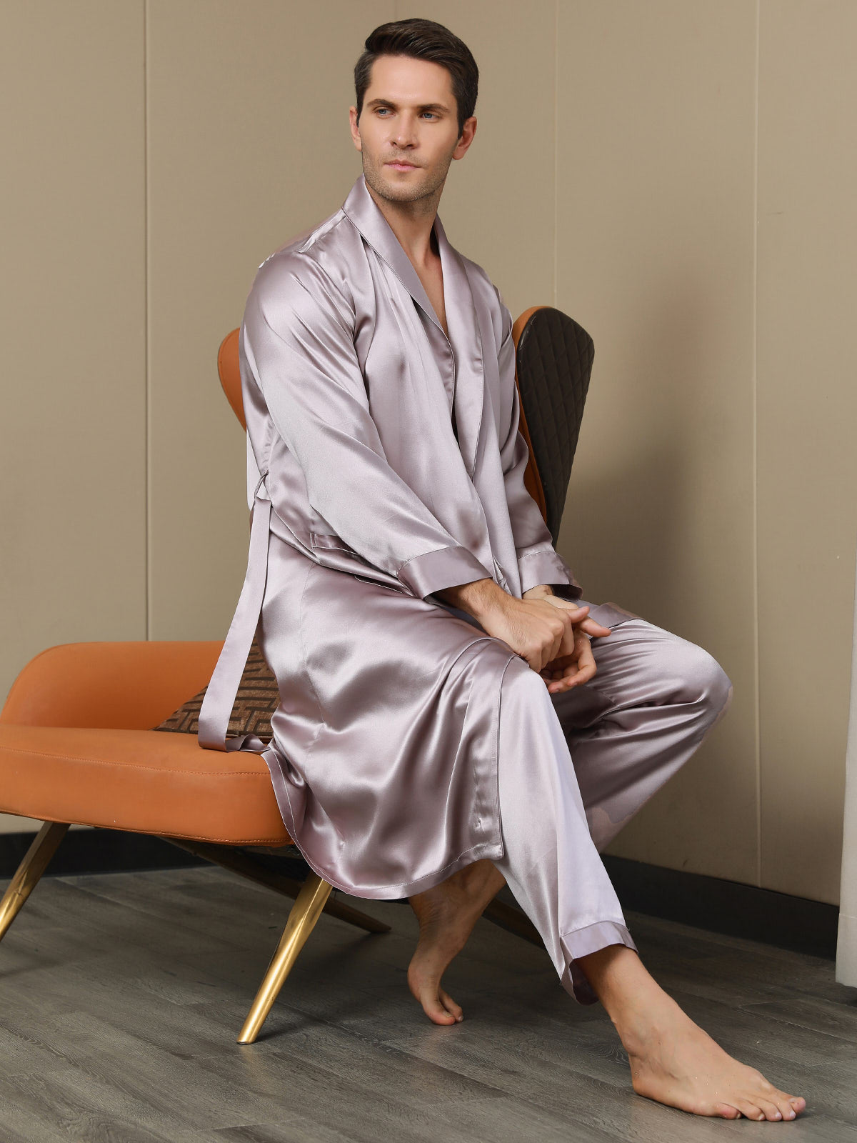 [Pale Mauve] SilkSilky-UK 19Momme Pure Silk Long Sleeve Lapel Men's Dressing Gown 003