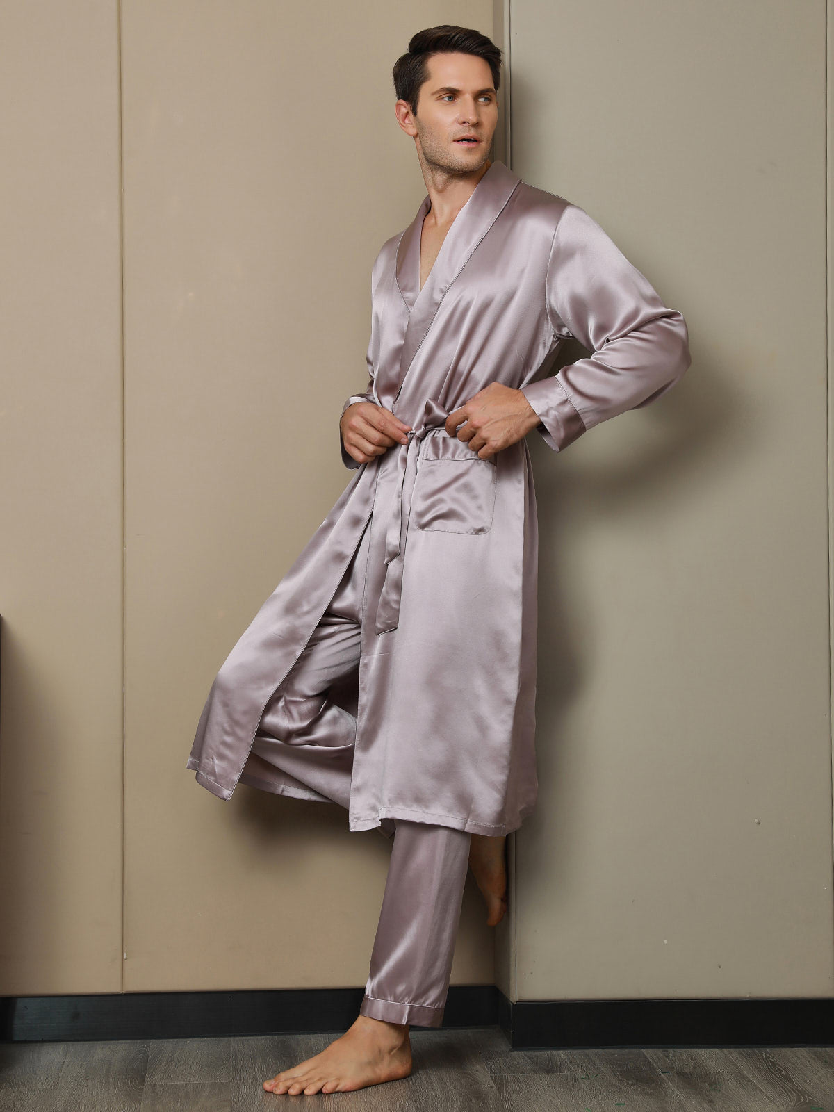 [Pale Mauve] SilkSilky-UK 19Momme Pure Silk Long Sleeve Lapel Men's Dressing Gown 006