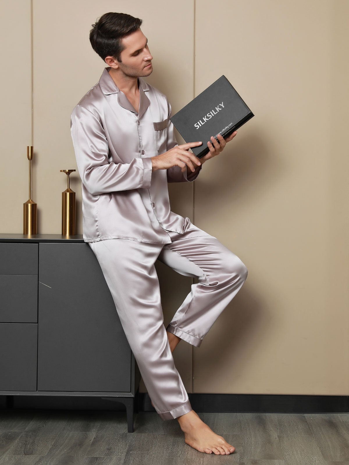 [Pale Mauve] SilkSilky-UK 19Momme Pure Silk Long Sleeve Lapel Men's Pyjamas 003