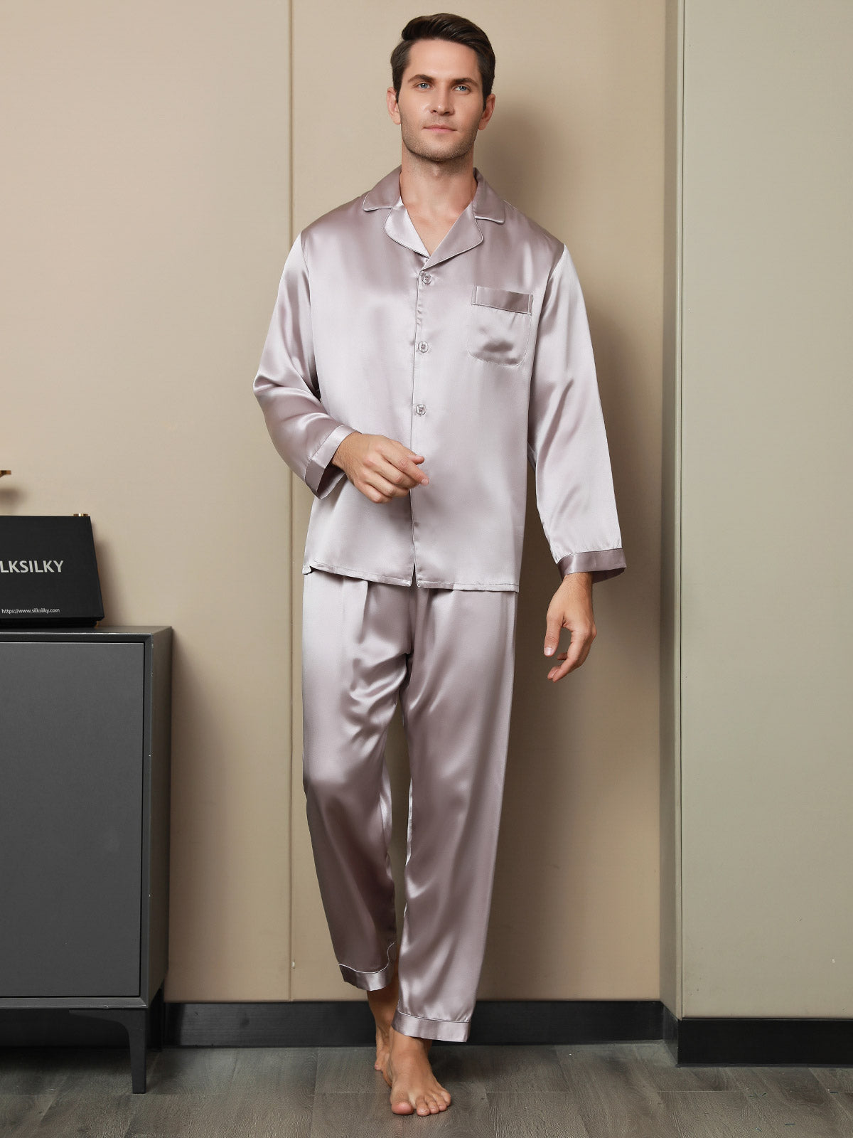 [Pale Mauve] SilkSilky-UK 19Momme Pure Silk Long Sleeve Lapel Men's Pyjamas 003