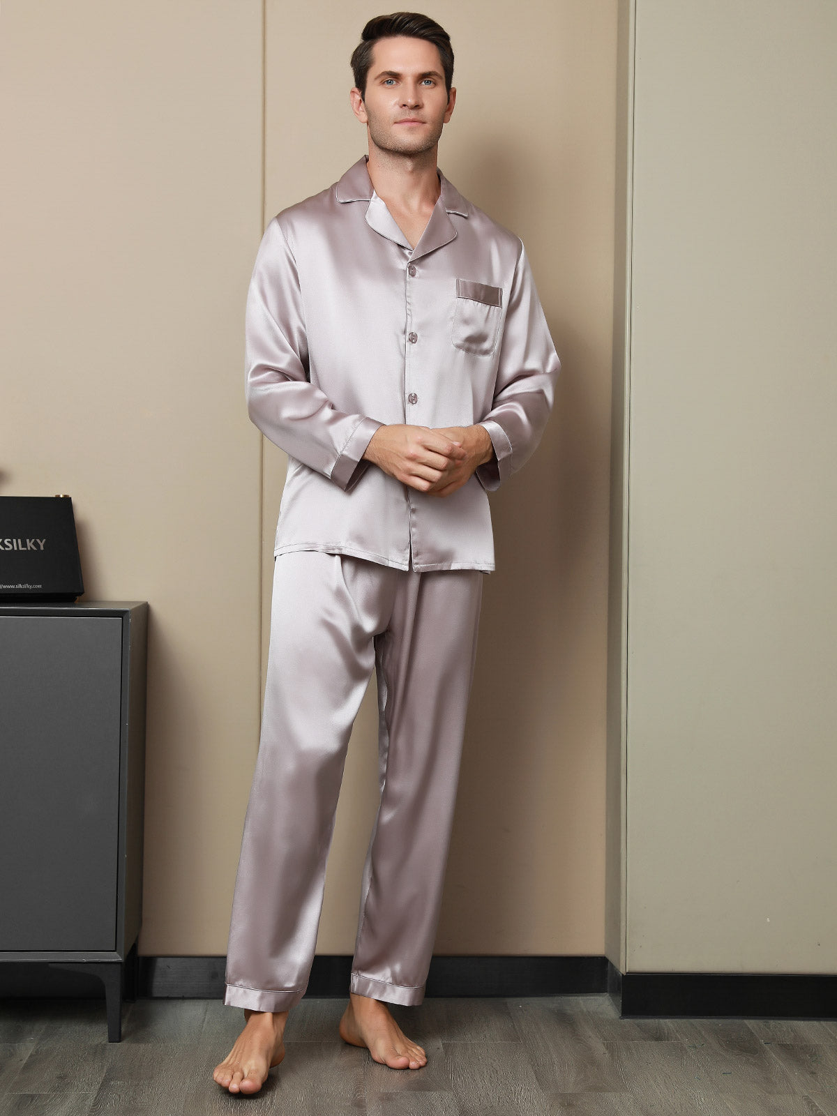 [Pale Mauve] SilkSilky-UK 19Momme Pure Silk Long Sleeve Lapel Men's Pyjamas 004