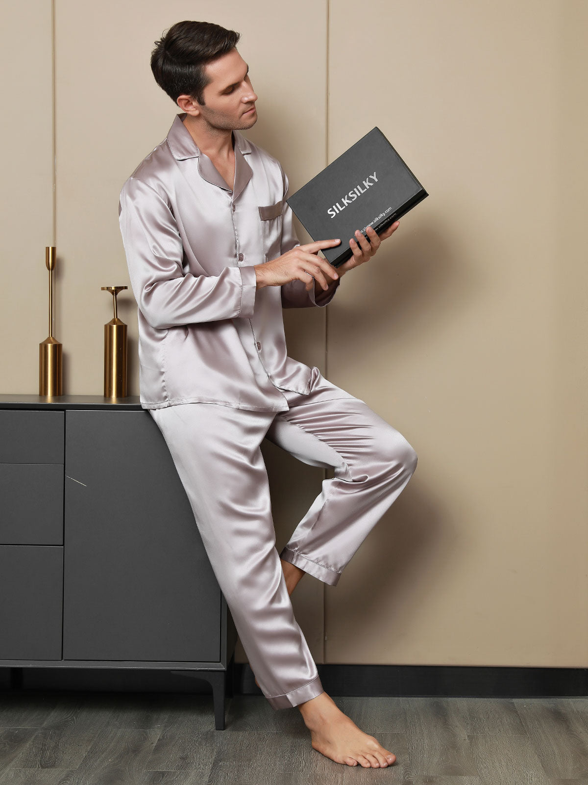 [Pale Mauve] SilkSilky-UK 19Momme Pure Silk Long Sleeve Lapel Men's Pyjamas 005