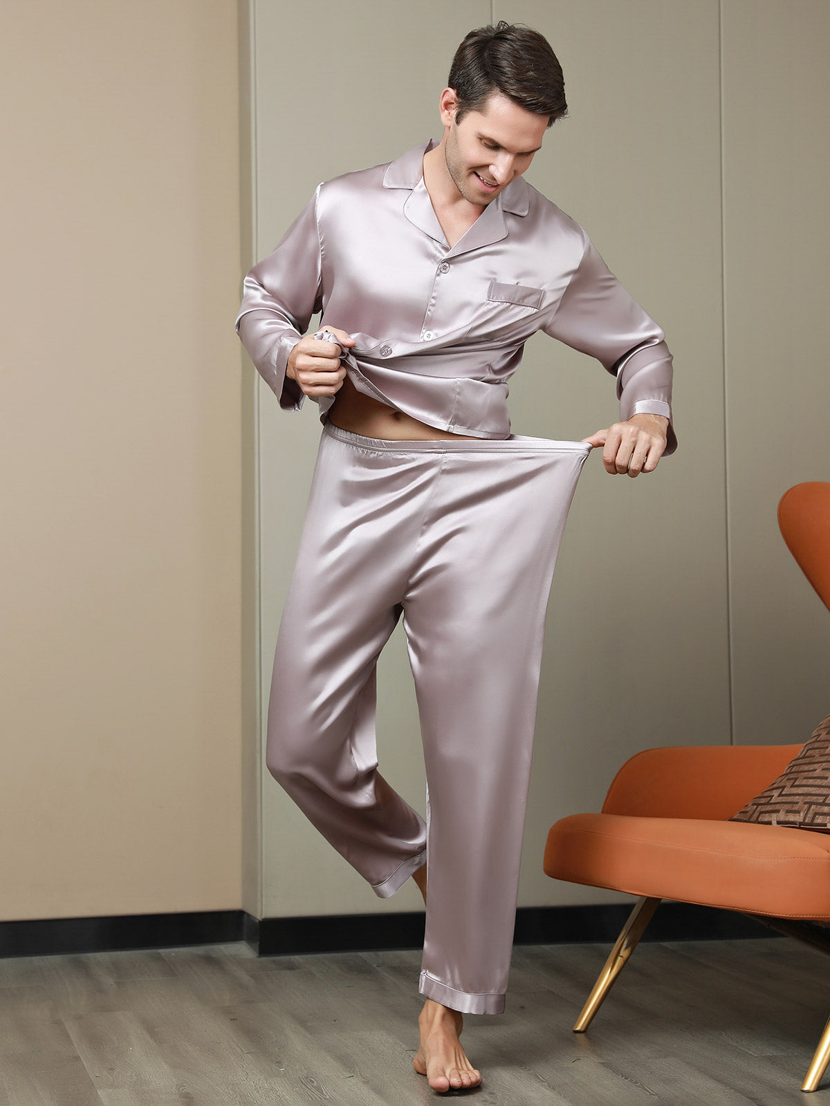 [Pale Mauve] SilkSilky-UK 19Momme Pure Silk Long Sleeve Lapel Men's Pyjamas 007
