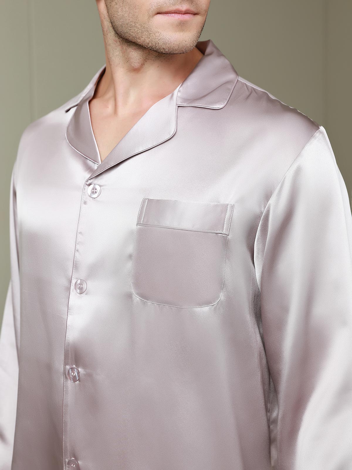 [Pale Mauve] SilkSilky-UK 19Momme Pure Silk Long Sleeve Lapel Men's Pyjamas 008