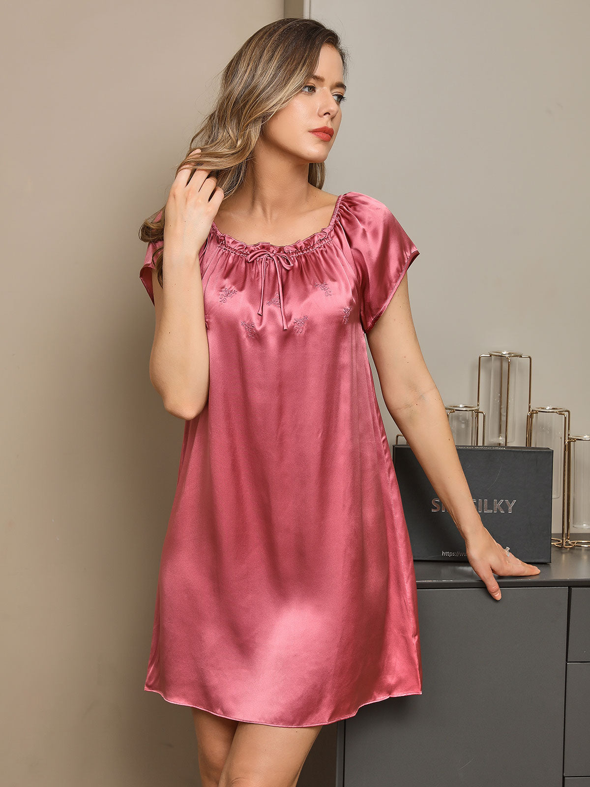 [Pale Mauve] SilkSilky-UK Pure Silk Cap Sleeve Tie Neck Nightdress 001