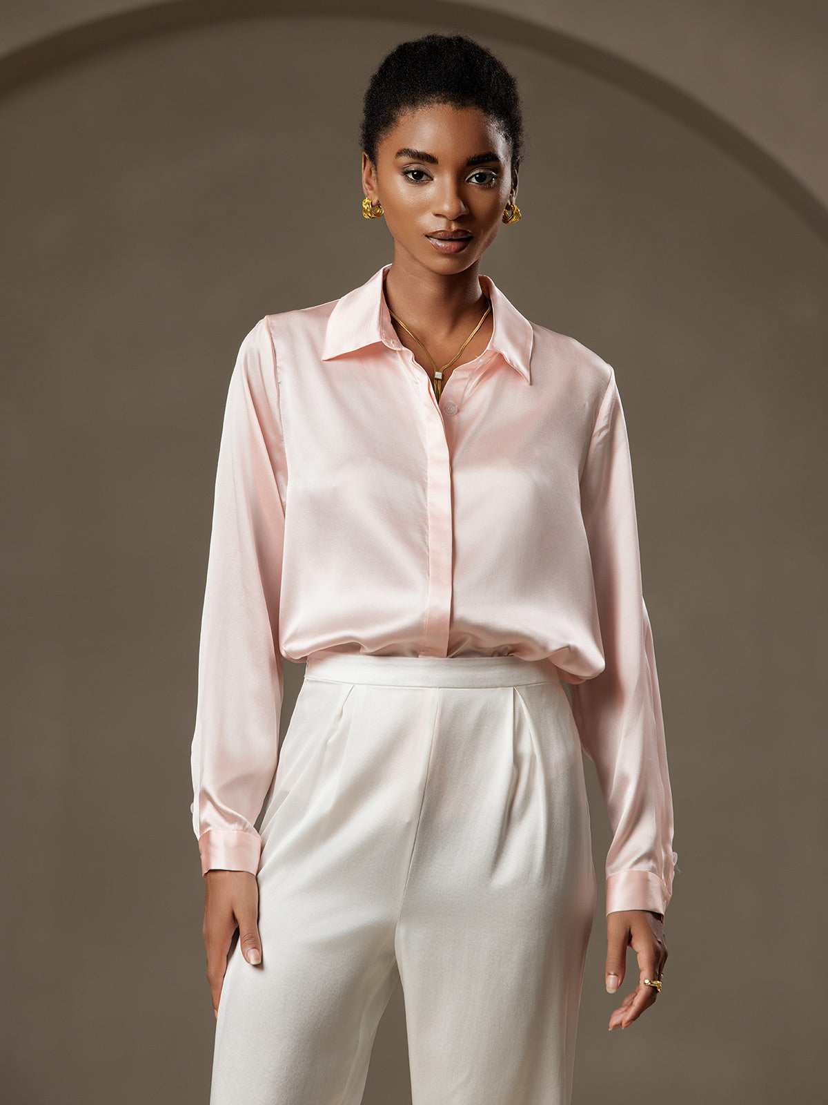 [Pink] SilkSilky-UK 19Momme Silk Collar Women's Shirt 005