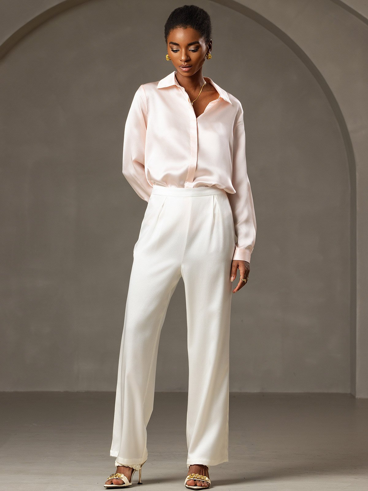 [Pink] SilkSilky-UK 19Momme Silk Collar Women's Shirt 006