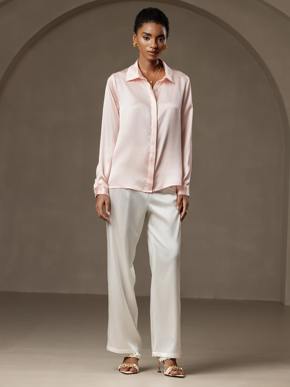 [Pink] SilkSilky-UK 19Momme Silk Collar Women's Shirt 007