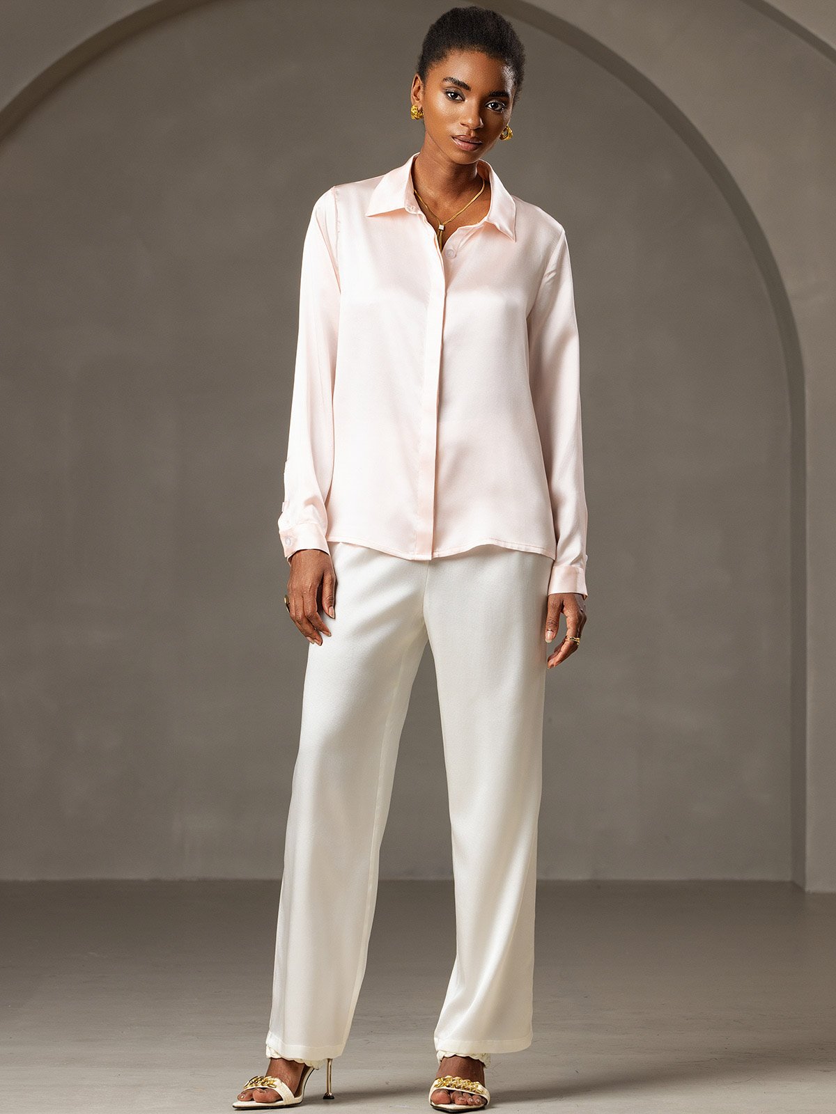 [Pink] SilkSilky-UK 19Momme Silk Collar Women's Shirt 007