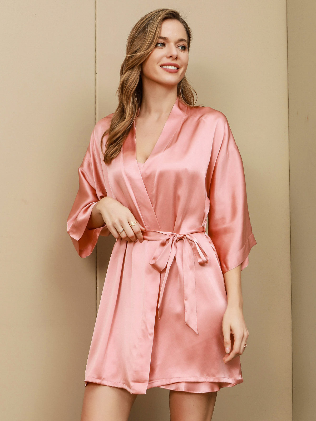[Pink] SilkSilky-UK Pure Silk 3/4 Sleeve Nightgown&Robe Set 003