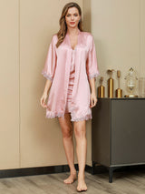 [Pink] SilkSilky-UK Pure Silk Half Sleeve Nightgown&Robe Set 002