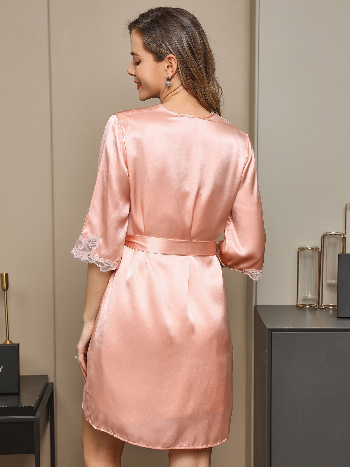 [Pink] SilkSilky-UK Pure Silk Half Sleeve Nightgown&Robe Set 002