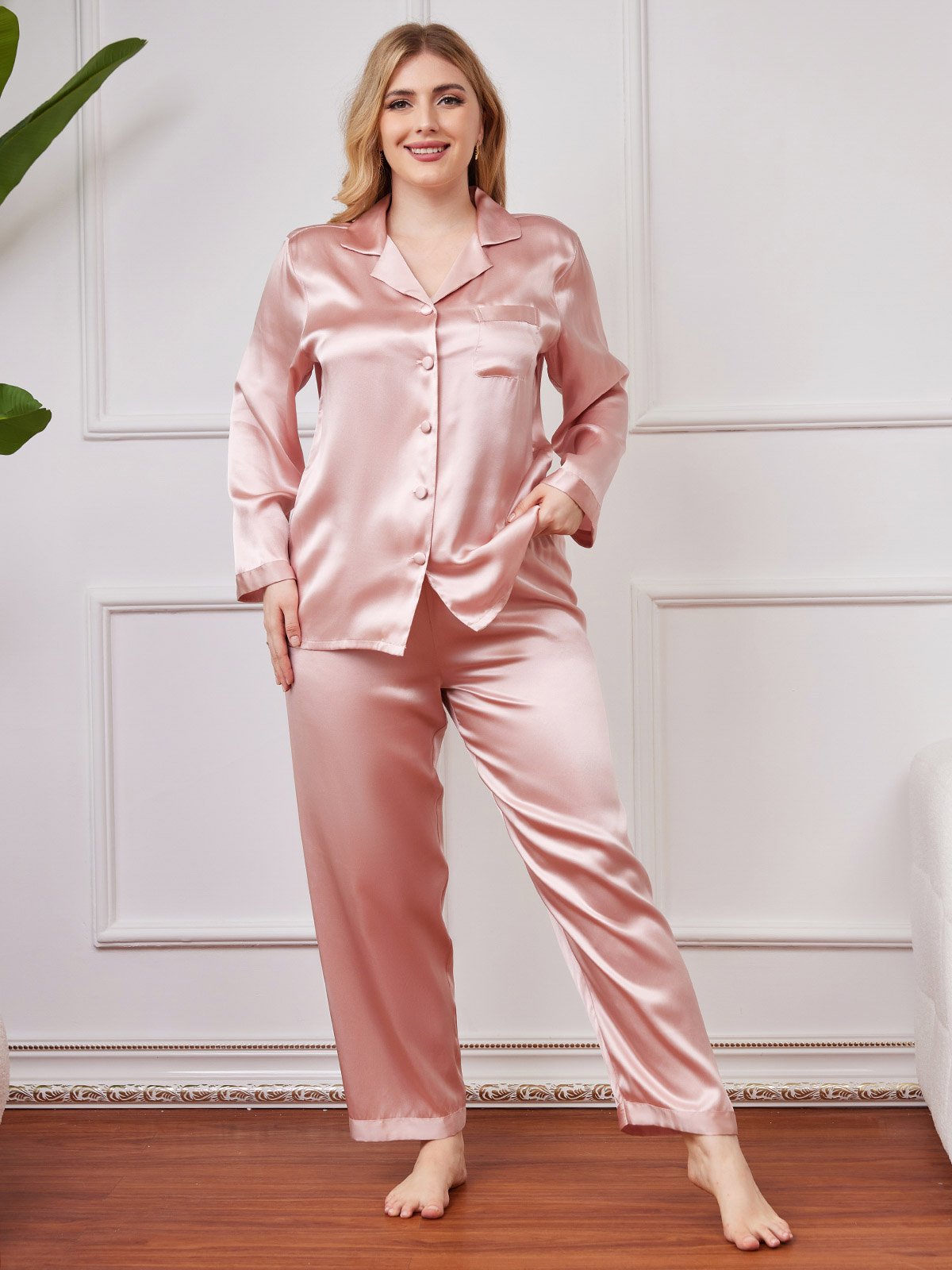 [Pink] SilkSilky-UK Pure Silk Long Sleeve Lapel Plus Size Pyjamas 001