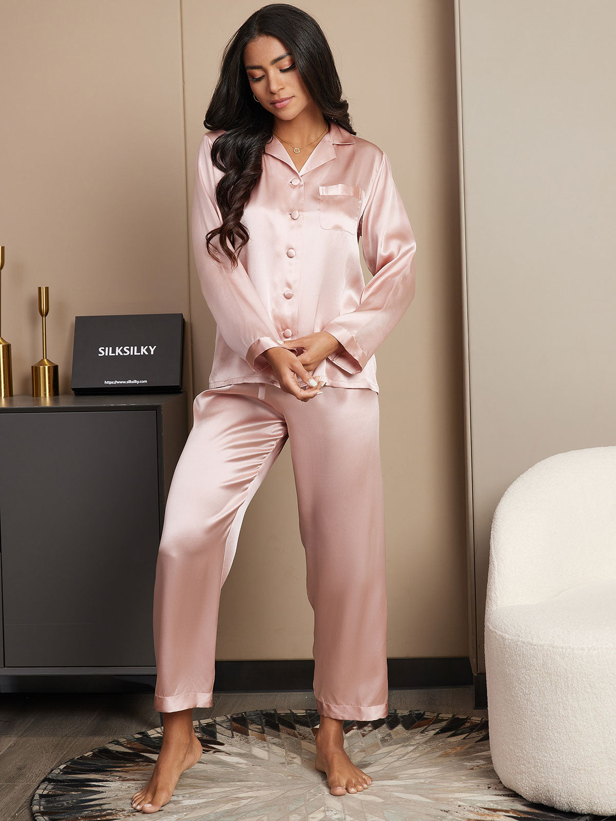 [Pink] SilkSilky-UK Pure Silk Long Sleeve Lapel Women's Pyjamas 004