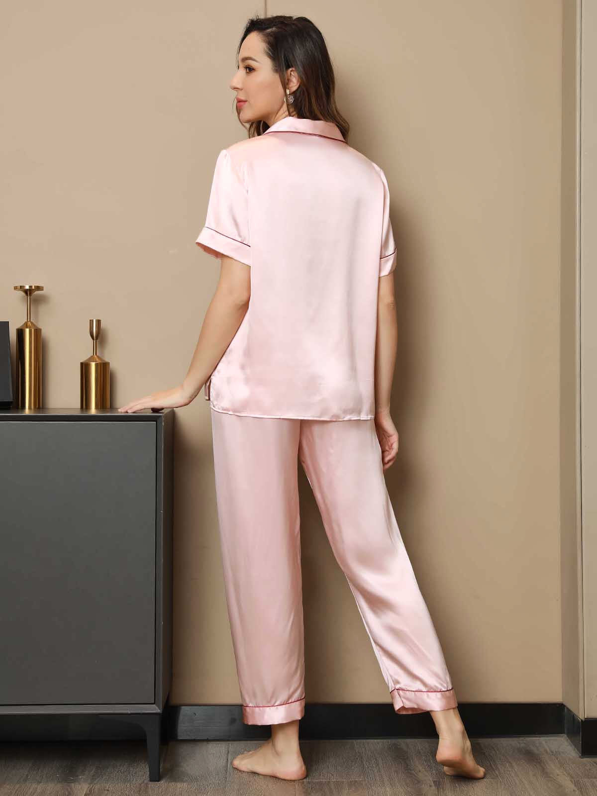 [Pink] SilkSilky-UK Pure Silk Short Sleeve Lapel Women's Pyjamas 002