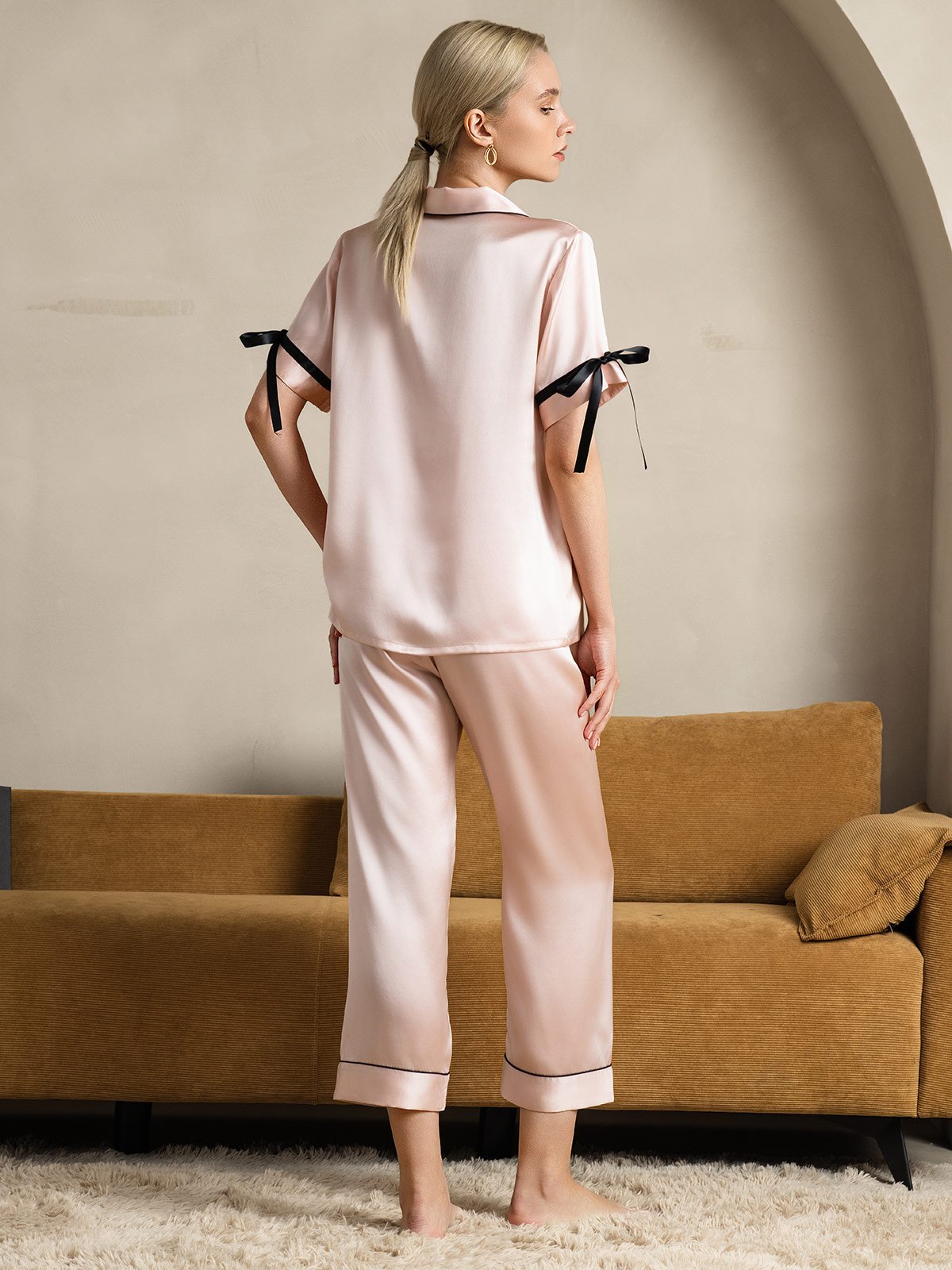 [Pink] SilkSilky-UK Pure Silk Short Sleeve Lapel Women's Pyjamas 002
