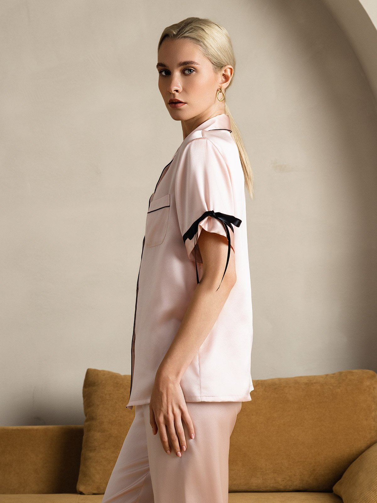 [Pink] SilkSilky-UK Pure Silk Short Sleeve Lapel Women's Pyjamas 004