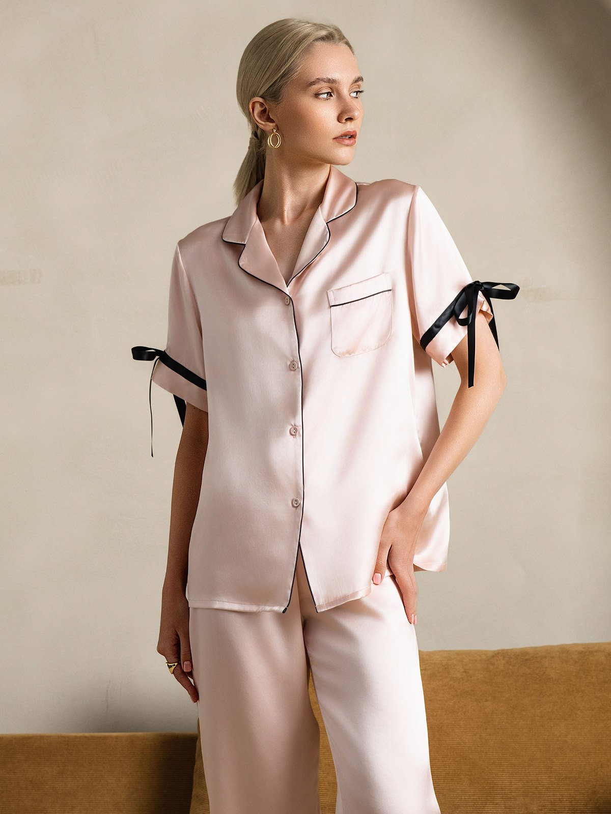 [Pink] SilkSilky-UK Pure Silk Short Sleeve Lapel Women's Pyjamas 005