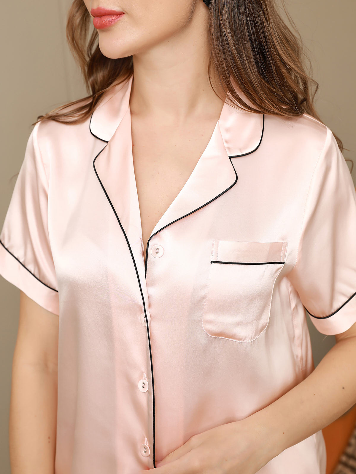 [Pink] SilkSilky-UK Pure Silk Short Sleeve Lapel Women's Pyjamas 008