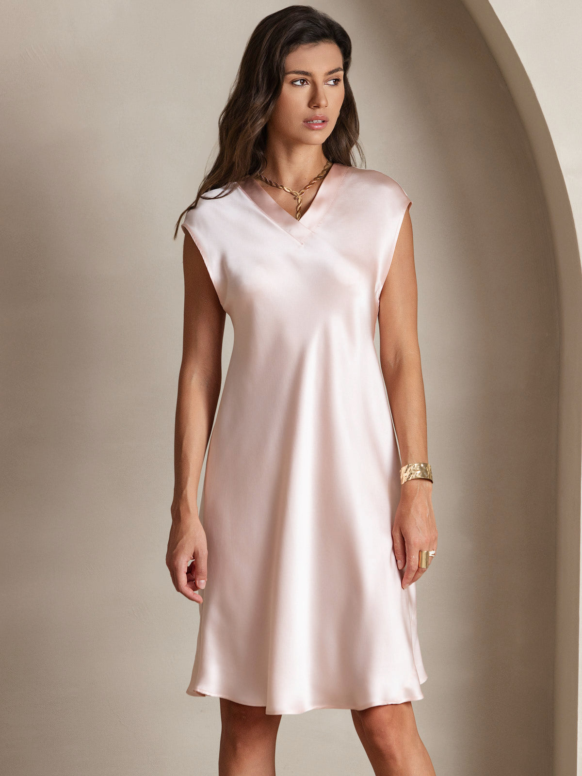[Pink] SilkSilky-UK Pure Silk Sleeveless V Neck Dress 006