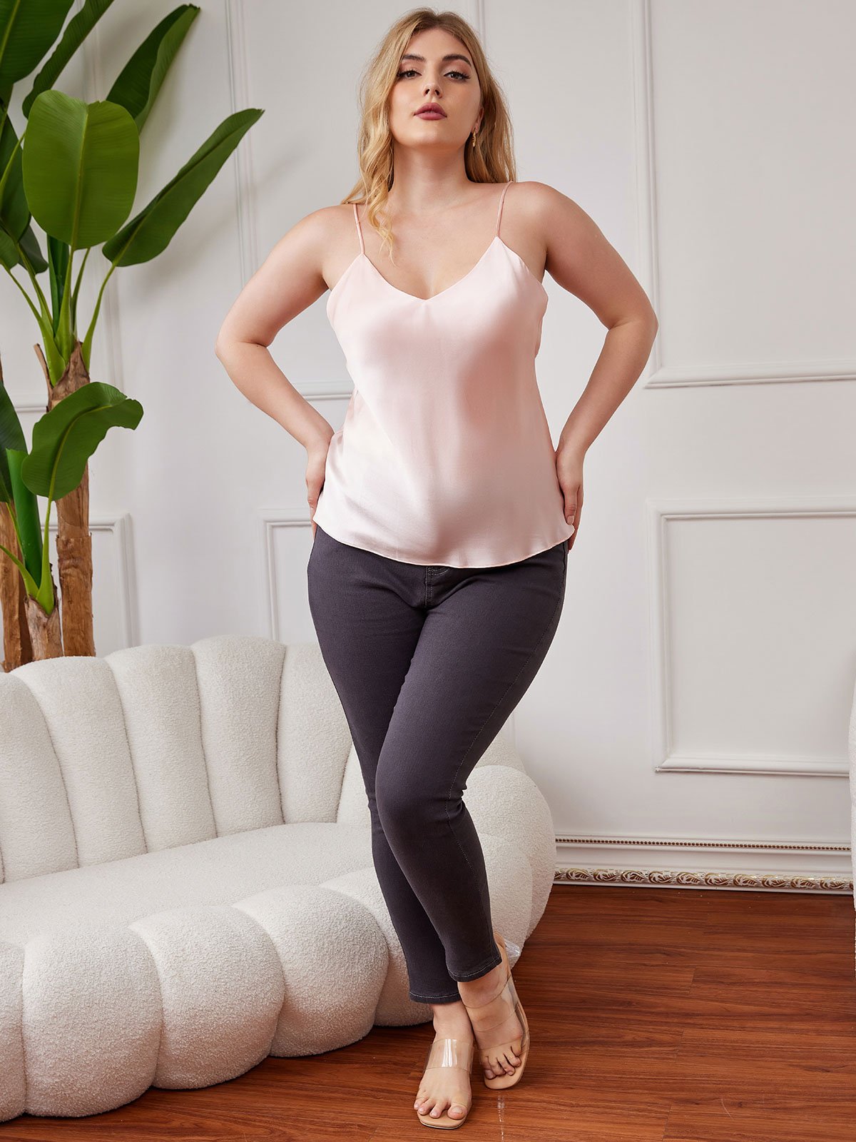 [Pink] SilkSilky-UK Pure Silk V Neck Plus Size Camisole Top 004
