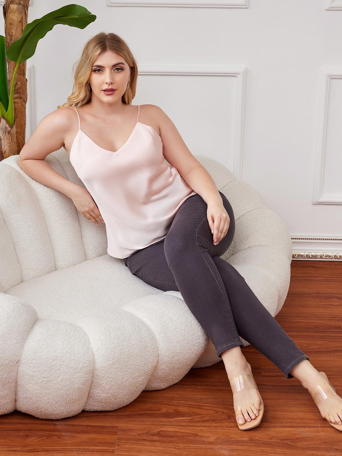 [Pink] SilkSilky-UK Pure Silk V Neck Plus Size Camisole Top 005