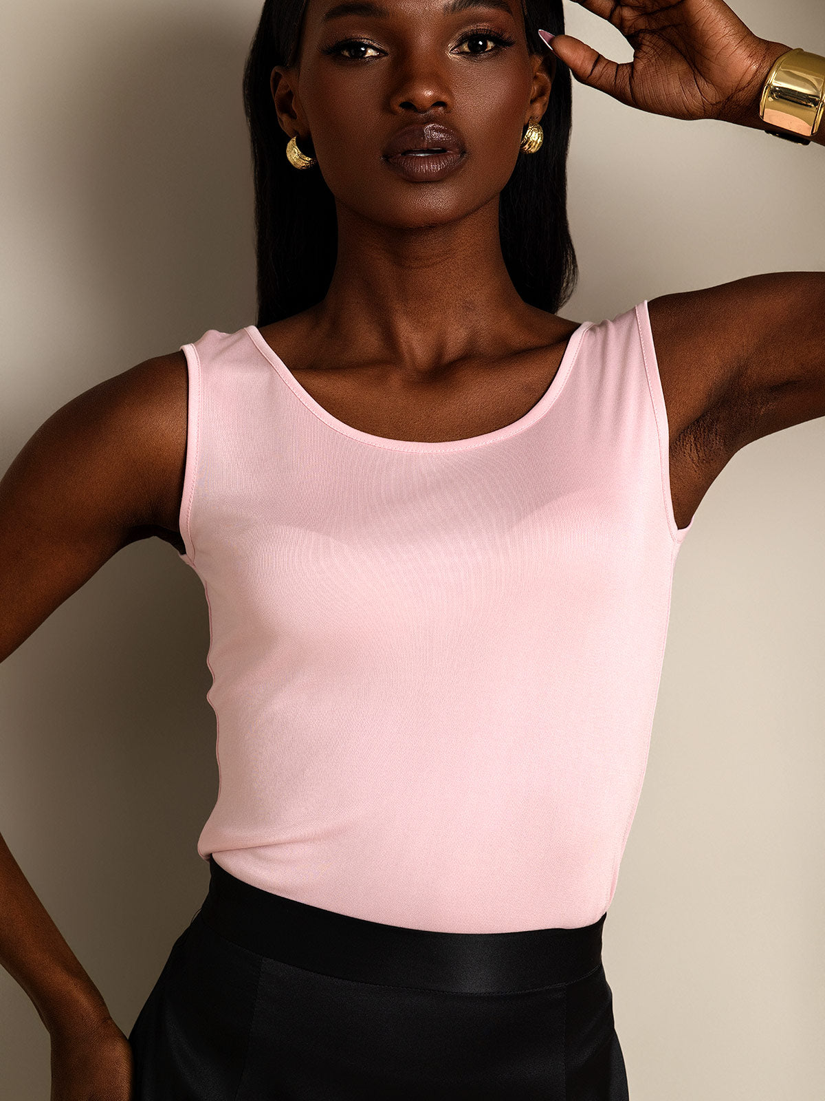 [Pink] SilkSilky-UK Silk Knitted Sleeveless Round Neck Women's T-Shirt 003