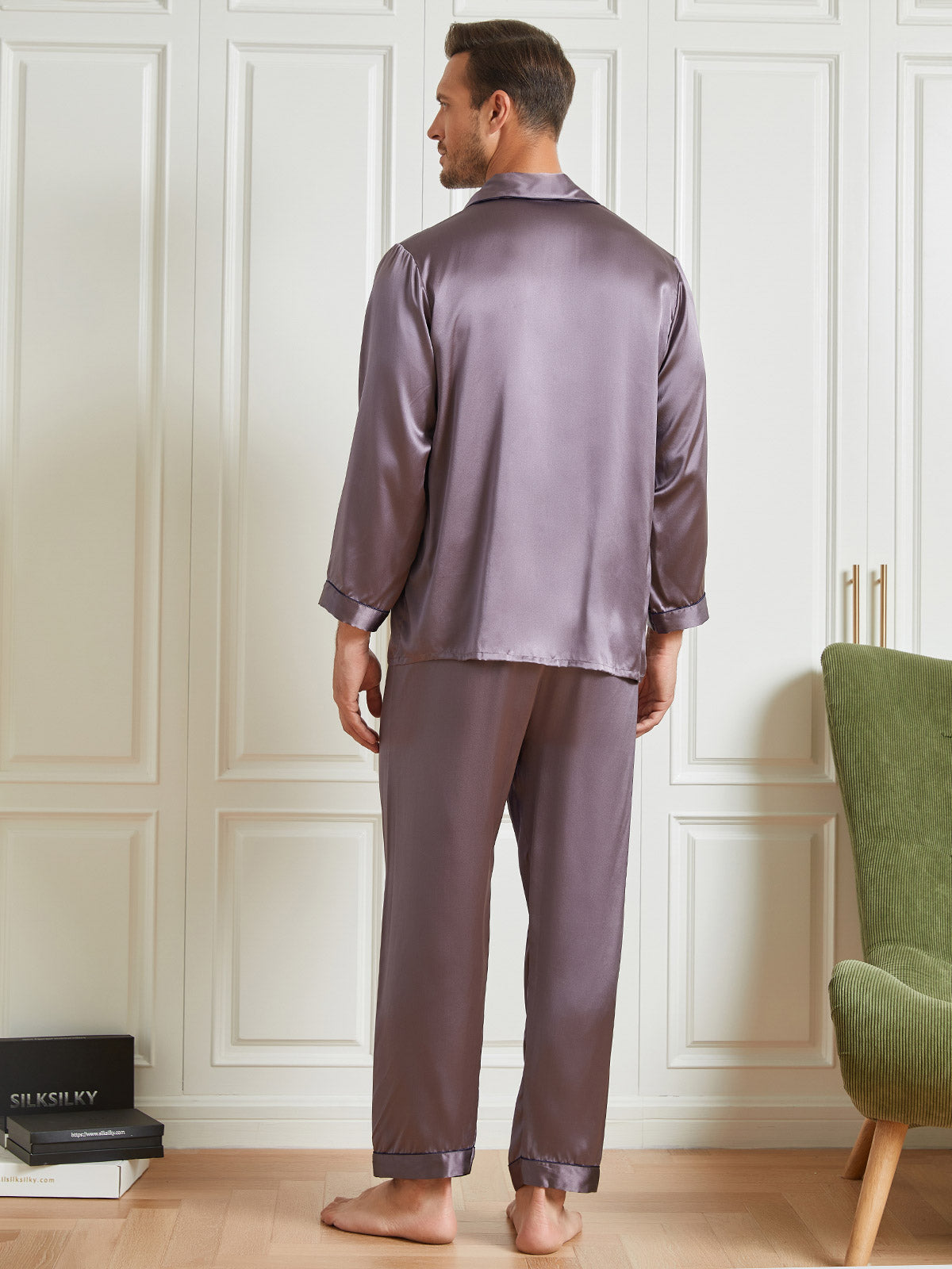 [Purple Gray] SilkSilky-UK 19Momme Pure Silk Long Sleeve Lapel Men's Pyjamas 002