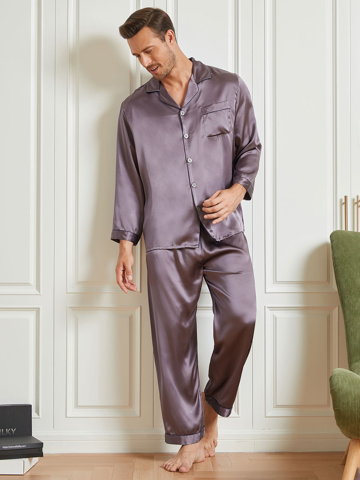 [Purple Gray] SilkSilky-UK 19Momme Pure Silk Long Sleeve Lapel Men's Pyjamas 004