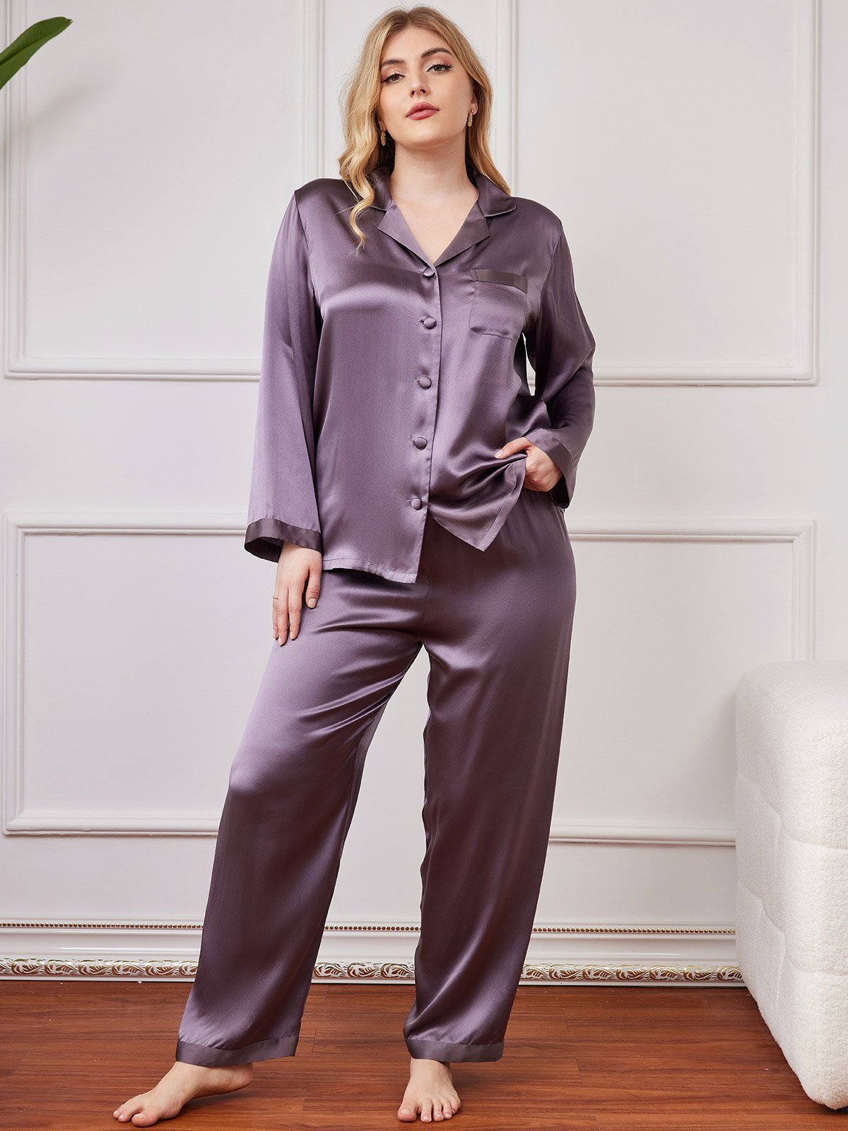 [Purple Gray] SilkSilky-UK Pure Silk Long Sleeve Lapel Plus Size Pyjamas 001