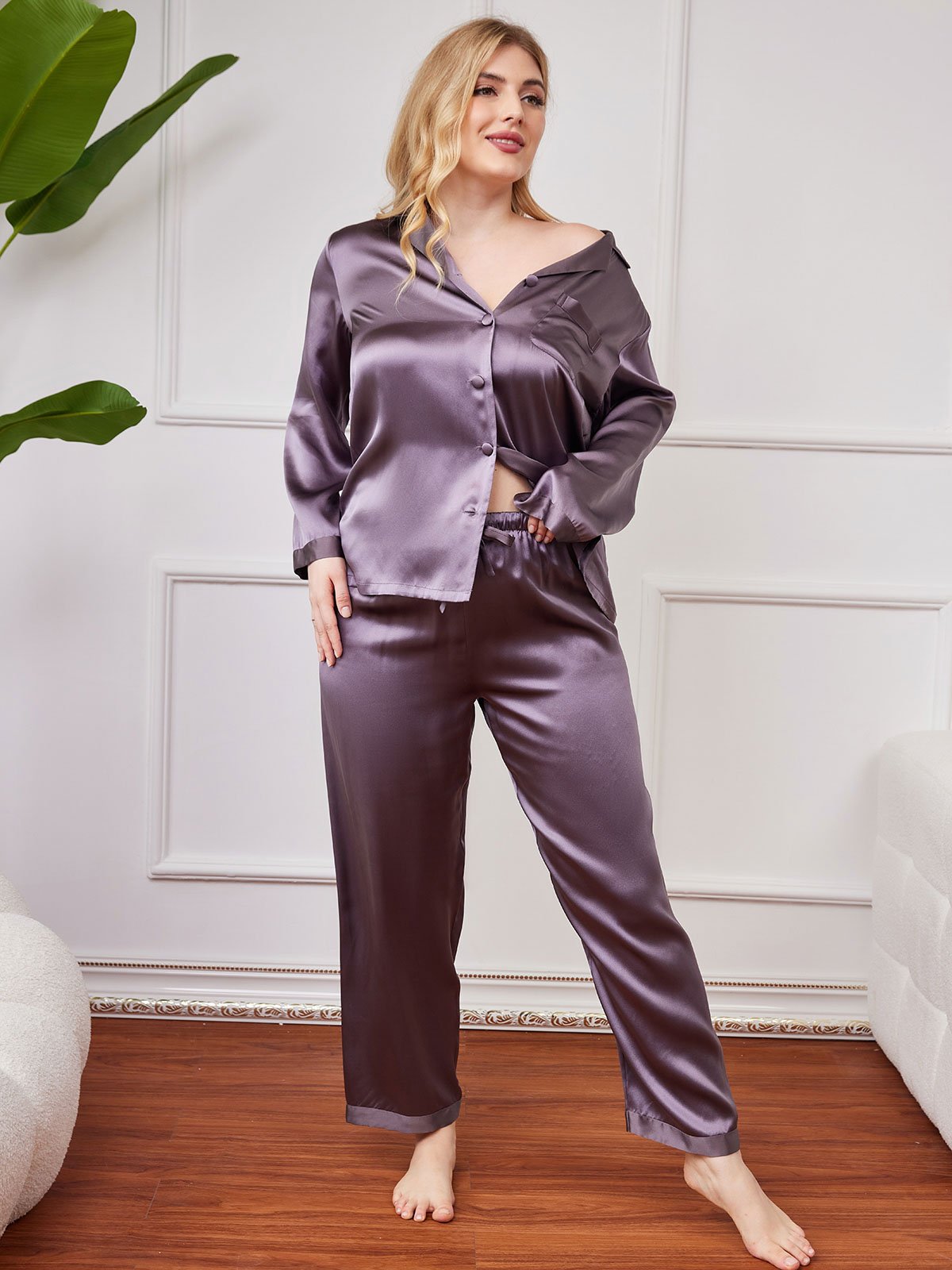 [Purple Gray] SilkSilky-UK Pure Silk Long Sleeve Lapel Plus Size Pyjamas 003