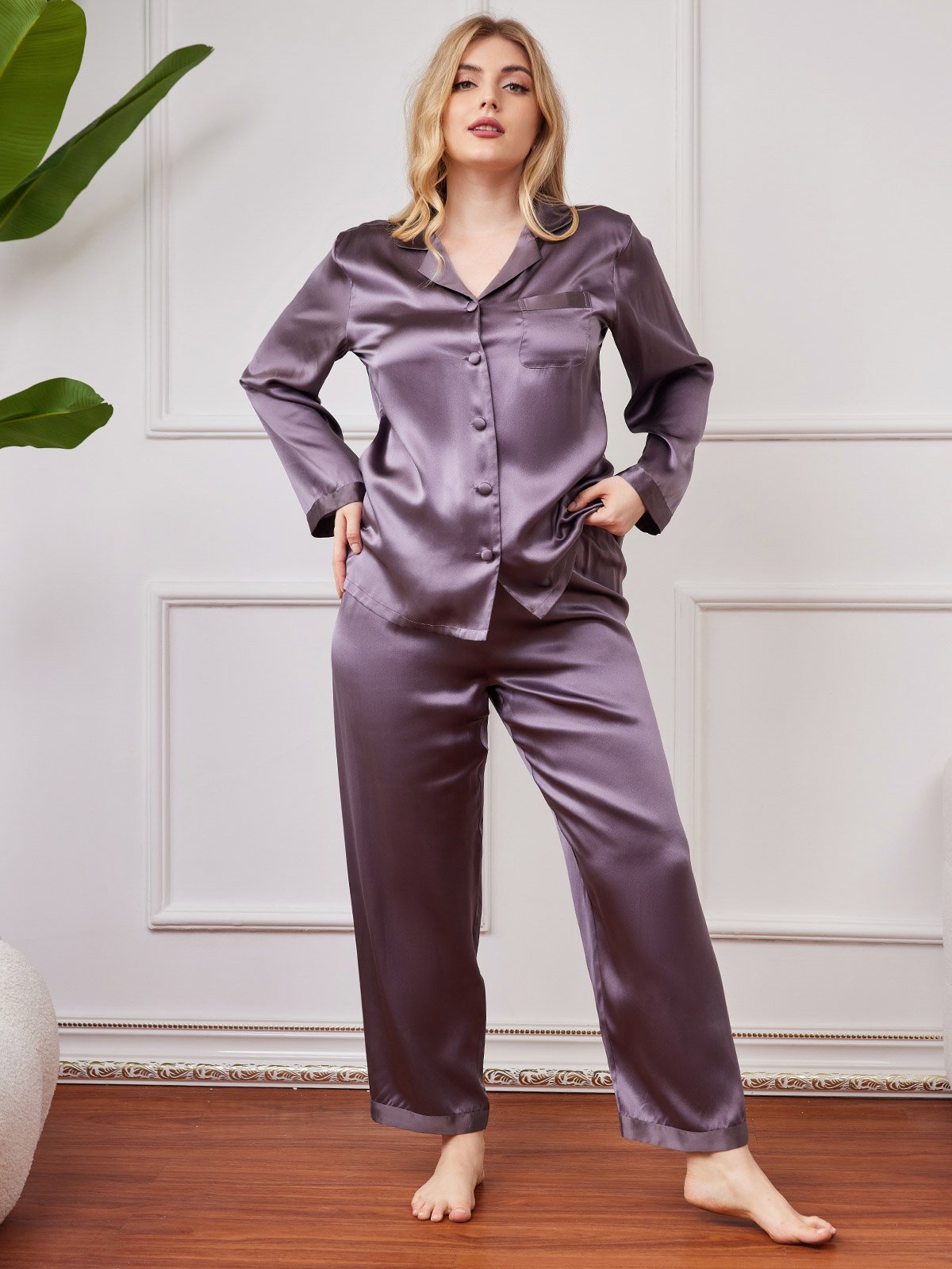 [Purple Gray] SilkSilky-UK Pure Silk Long Sleeve Lapel Plus Size Pyjamas 005