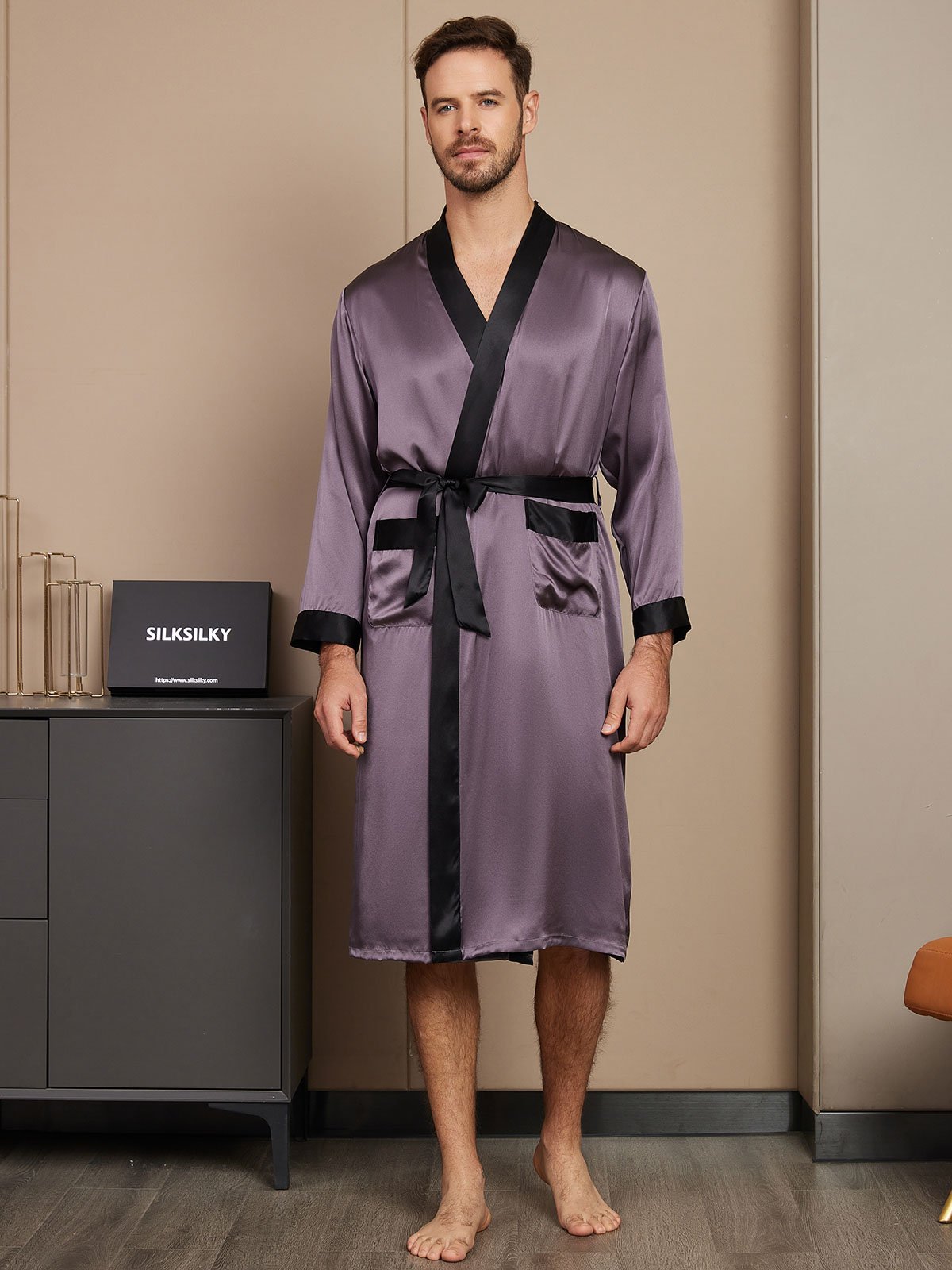 [Purple Gray] SilkSilky-UK Pure Silk Long Sleeve Mens Robe 001