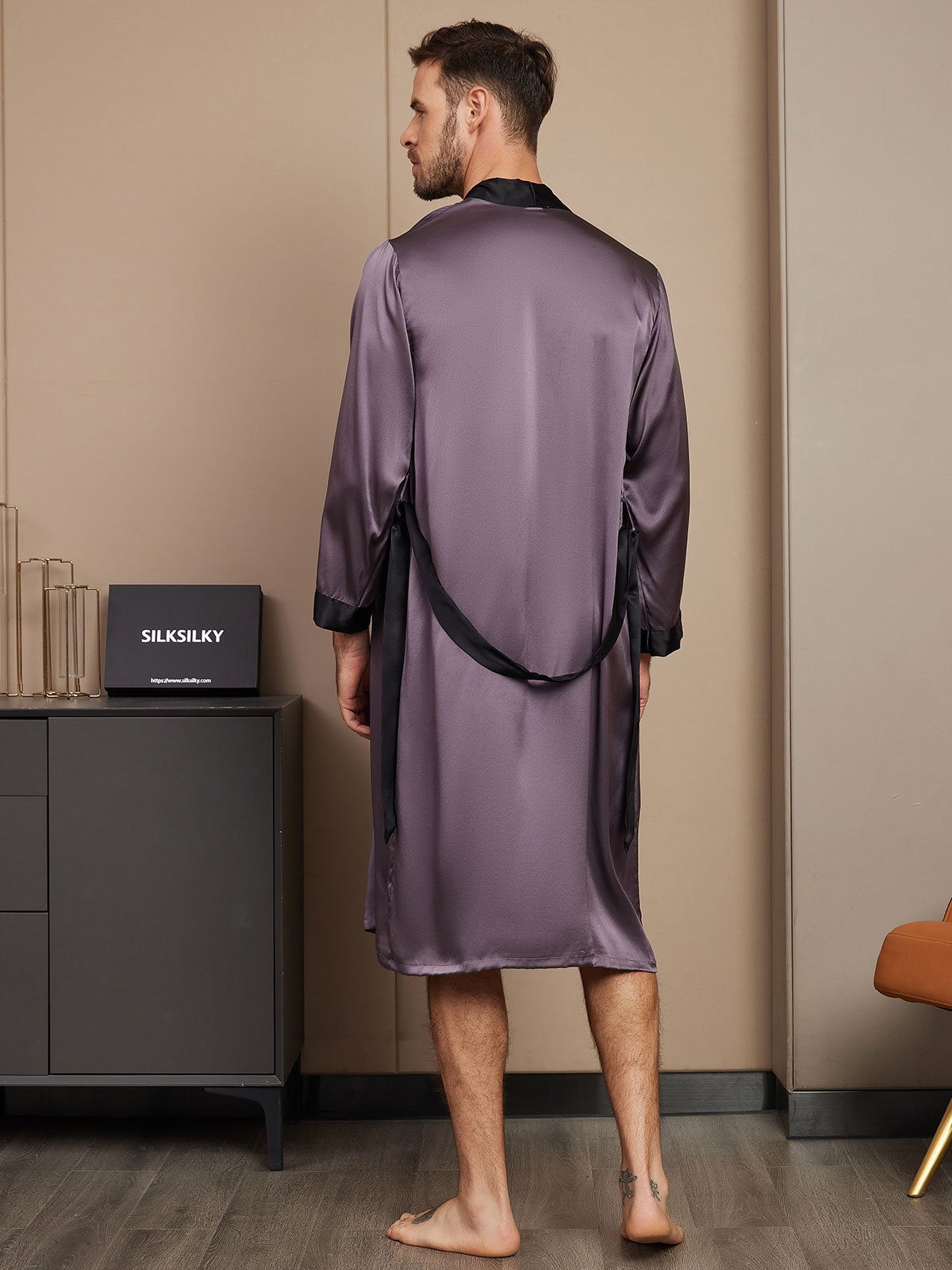 [Purple Gray] SilkSilky-UK Pure Silk Long Sleeve Mens Robe 002