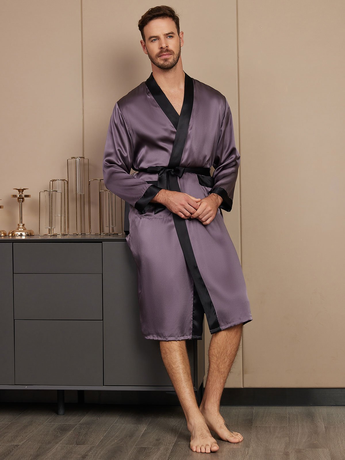[Purple Gray] SilkSilky-UK Pure Silk Long Sleeve Mens Robe 004