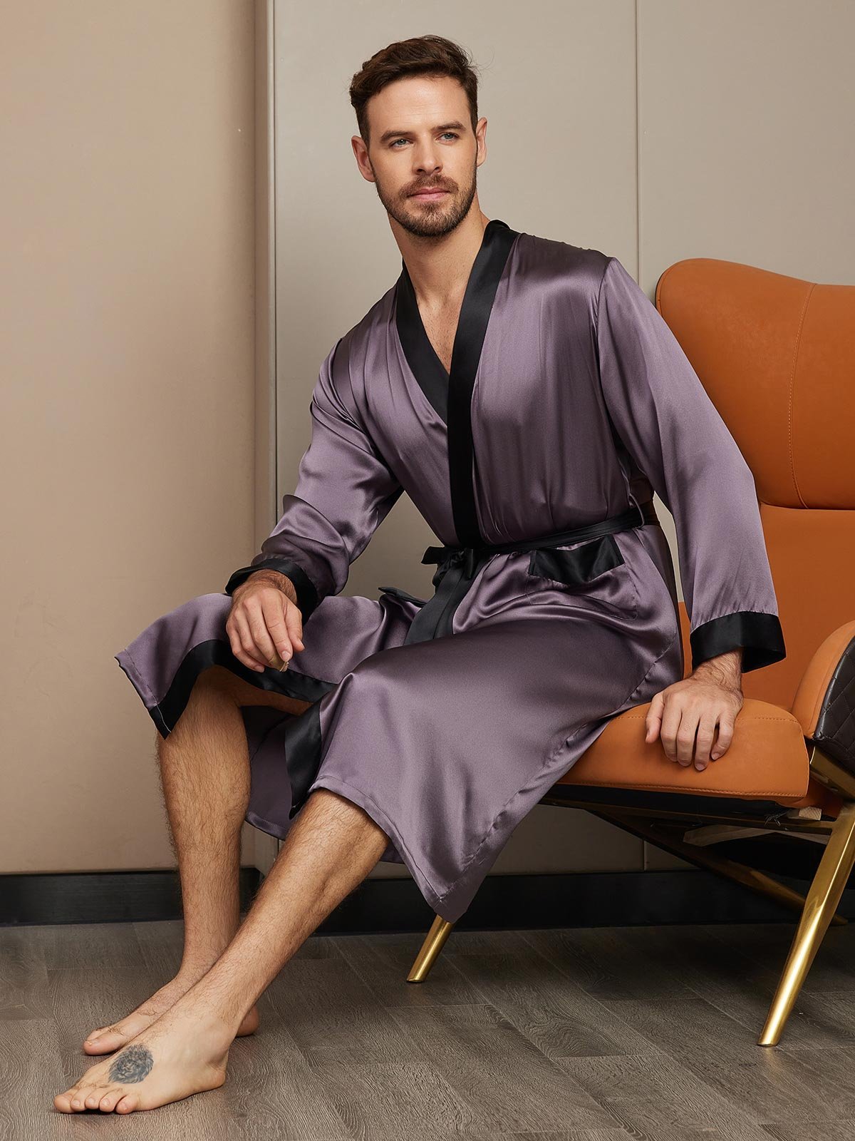 [Purple Gray] SilkSilky-UK Pure Silk Long Sleeve Mens Robe 005