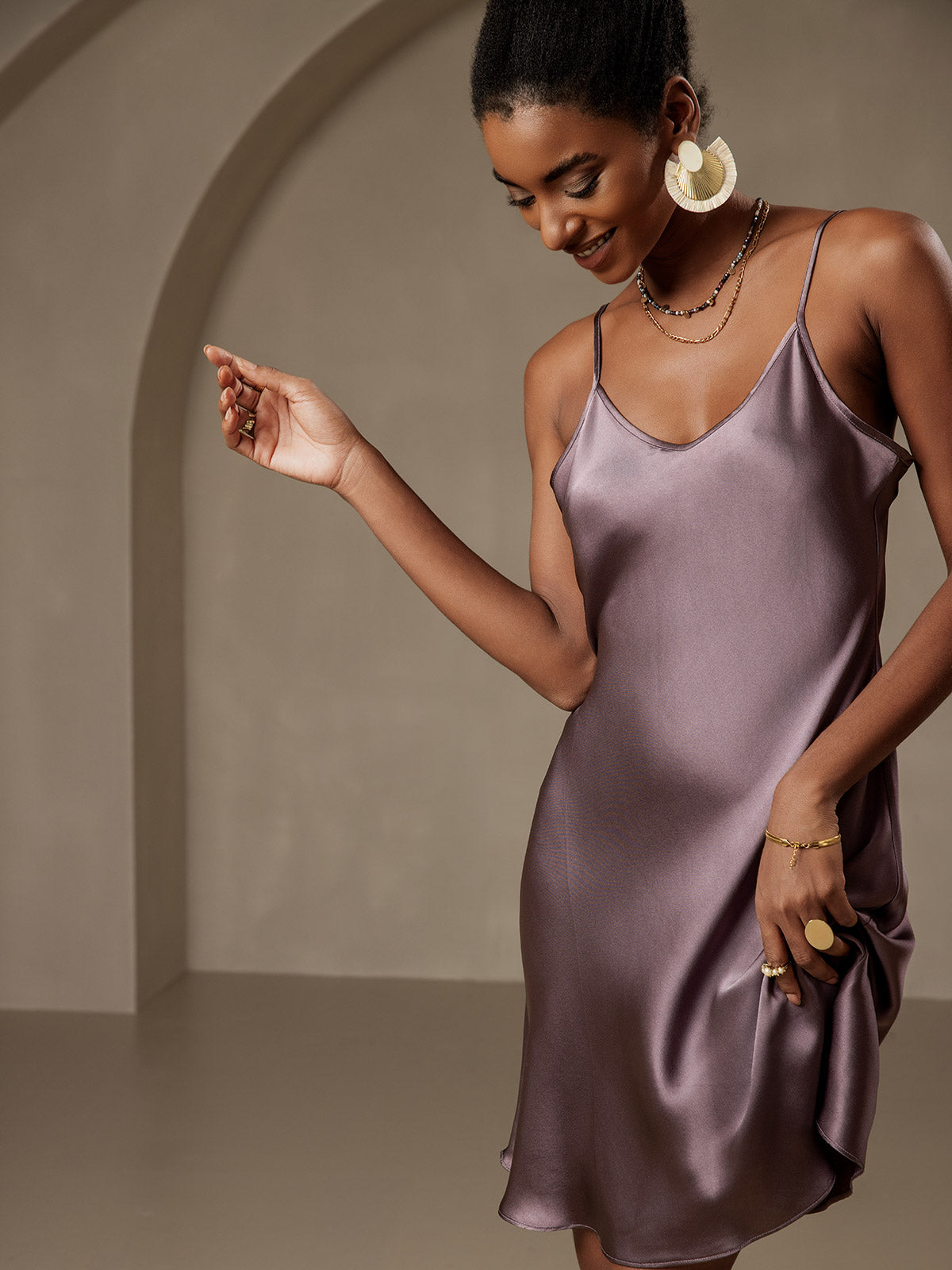 [Purple Gray] SilkSilky-UK Pure Silk Sleeveless V Neck Dress 003