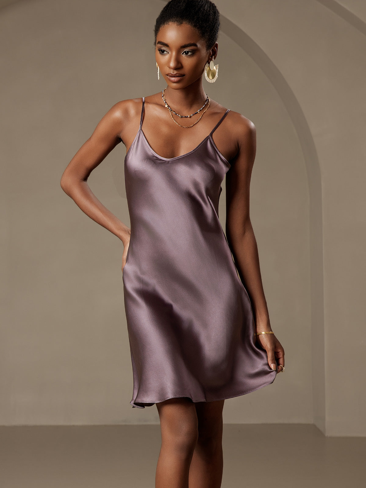 [Purple Gray] SilkSilky-UK Pure Silk Sleeveless V Neck Dress 005